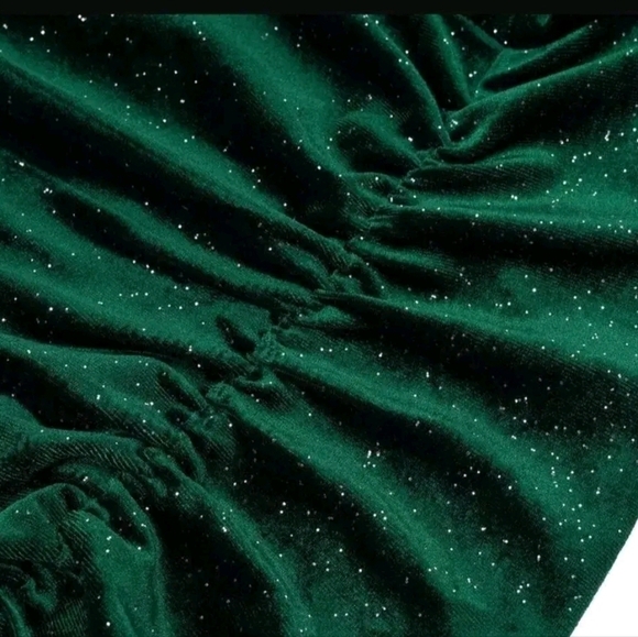 Green Glitter Draped Collar Long Sleeve Ruched Bodycon Mini Dress - Picture 7 of 13